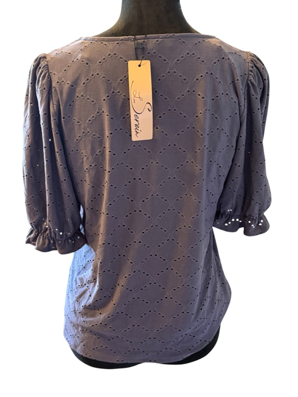 🫶🏻 Les Serein Women's Blue Eyelet Puff Sleeve Top - Picture 2 of 4